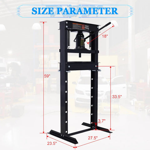 Heavy Duty 20 Ton Hydraulic Shop Press With Adjustable H Frame And Steel Press Plates Floor Mounted dimensions displayed.