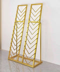 Top Shelf Heavy Duty Tile Sample Display Rack With Rock Solid Iron Frame For Marble Slab Floor Board Templates Large Gold Finish Built Tough Job Site Ready Rack shown from the side against a wall.