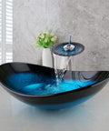 Slick Oval Blue Glass Vessel Sink 22x14 Inch With Waterfall Faucet And Pop Up Drain Tempered Glass Basin Top Mount Bathroom Sink Boat Shape Design For Apartment Bathrooms Vanities