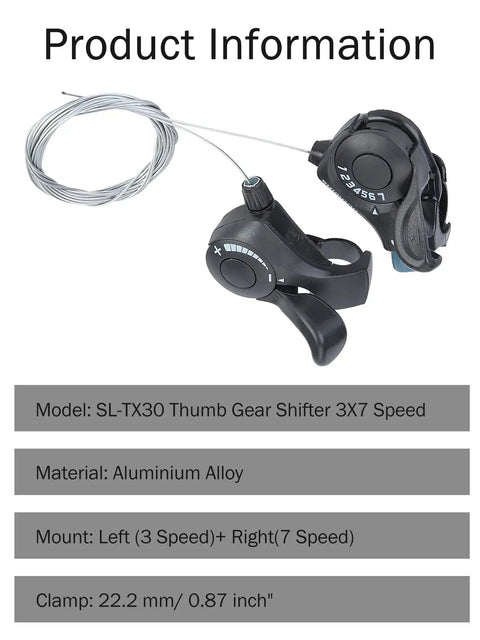 3x7 Mountain Bike Thumb Shifter Set With Right Trigger 7 Speed And Left Friction Thumb Lever For Triple Cranksets 1 Meter Cable