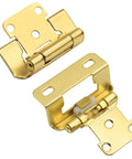 50 Pack Of 25 Pairs One Half Inch Overlay Self Closing Cabinet Hinges In Tough As Nails Polished Brass Gold Finish, close-up view.