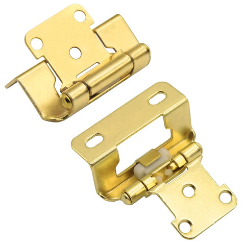 50 Pack Of 25 Pairs One Half Inch Overlay Self Closing Cabinet Hinges In Tough As Nails Polished Brass Gold Finish, close-up view.