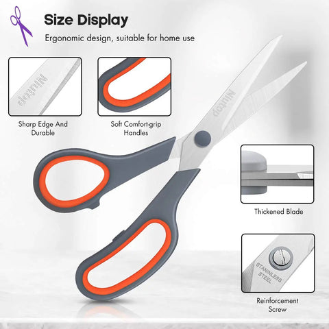 Five Pack 8 Inch Multipurpose Fabric Scissors Set For Sewing, Craft, Office And School, Sharp Durable Blades, Rust Resistant, Soft Comfort Grip Handles For Left Or Right Hand, Colorful Assortment, stainless steel blades and comfort grip handles