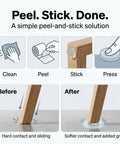 Peel-and-stick instructions for 300 Pcs Clear Silicone Cabinet Door Bumpers Self Adhesive Rubber Pads, showing before and after use.
