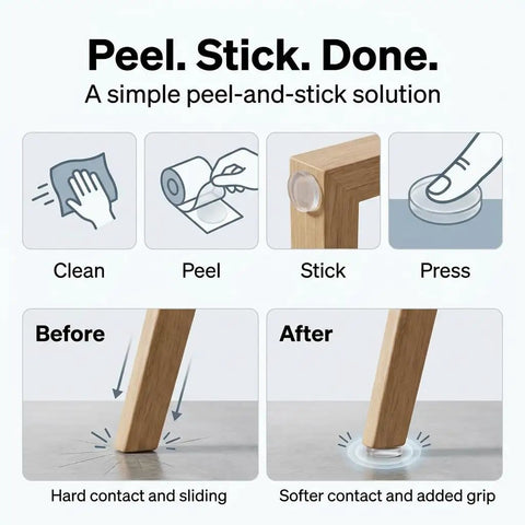 Peel-and-stick instructions for 300 Pcs Clear Silicone Cabinet Door Bumpers Self Adhesive Rubber Pads, showing before and after use.
