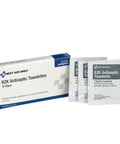 Box and packets of Benzalkonium Chloride Wipes Individually Wrapped Antiseptic Towelettes 10 Count For Minor Cuts Scrapes And Nicks.
