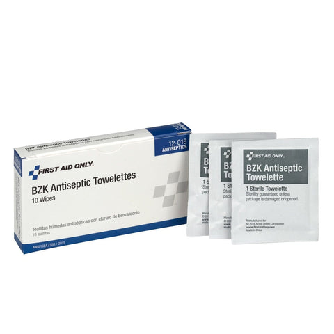Box and packets of Benzalkonium Chloride Wipes Individually Wrapped Antiseptic Towelettes 10 Count For Minor Cuts Scrapes And Nicks.