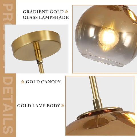 Gradient Gold Glass Globe Pendant Light 1 Light for Kitchen Island Mid Century Modern Hanging Fixture with Large Globe Shade