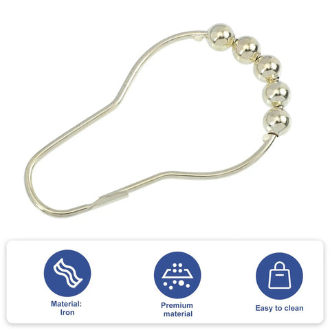 Single gold tone 15 Pcs Metal Shower Curtain Ring with beads decor, iron material, shown with cleaning icons underneath.