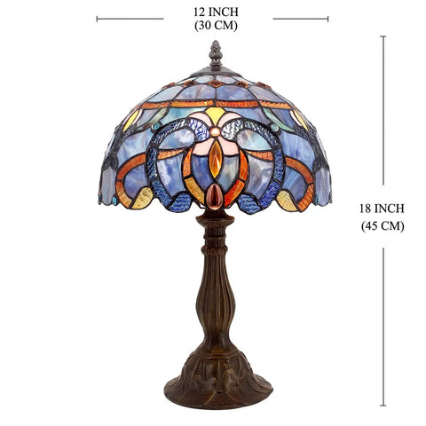 Tiffany Style Blue Purple Stained Glass Table Lamp For Reading And Decor, 12 Inch Shade, 18 Inch Tall, Antique Green Bronze Base, UL Listed Desk Light