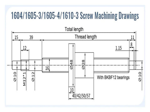 1604/1605-3/1605-4/1610-3 screw machining drawings with dimensions for Premium SFU1610 Ballscrew Kit With Machined Ends For High Speed CNC Builds.