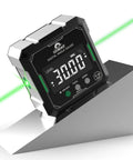Digital Angle Finder With Dual Hella Bright Green Lasers And Rugged Magnetic Base Four Side Layout Gauge For Carpenters And Floor Layers Getting Slick Measurements Without Any Fuss on a slanting metal surface.
