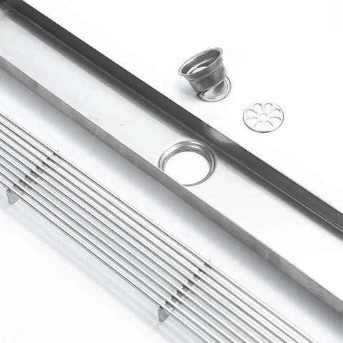 Top Shelf 304 Stainless Steel Linear Shower Drain With Built In Odor Guard And Slick Chrome Trim For Fresh Showers And Laundry Zones Quick Drop In Assembly Grip Tight Grate Level Surface Layout 60Cm Long components laid out, featuring drain body and removable grate.