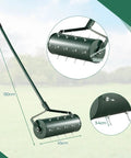 Rolling Lawn Aerator With Ergonomic Handle And Sand Or Stone Fill 18 Inch Wide Dethatching Tool with size dimensions shown