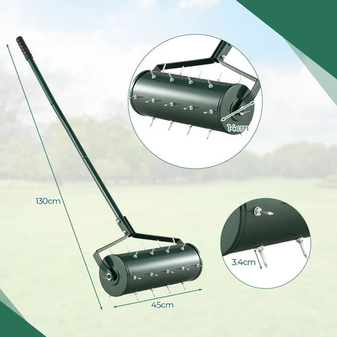 Rolling Lawn Aerator With Ergonomic Handle And Sand Or Stone Fill 18 Inch Wide Dethatching Tool with size dimensions shown