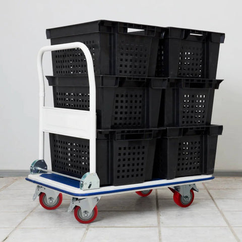 Industrial cart with 4 inch swivel plate caster wheels heavy duty metal casters and locking brakes, loaded with black bins