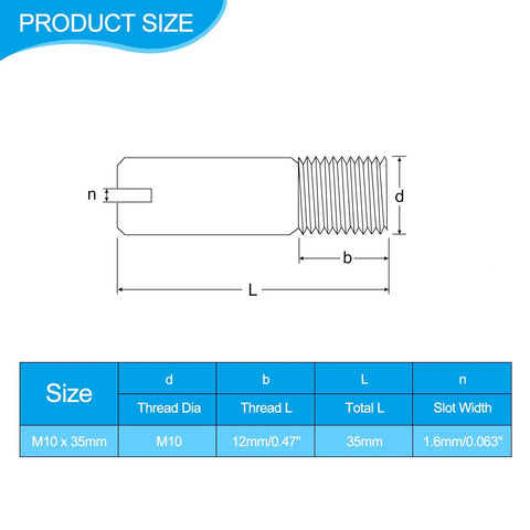 Illustration of 10 Pack M10 X 35 mm Slotted Cylindrical Pins 304 Stainless Steel External Thread Dowel Locating Pins sizes and specifications.