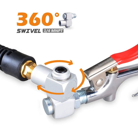 Six Foot Hybrid Air Compressor Hose Kit Including Ten Piece Built Tough Brass Fittings And 3/8 Inch Whips Plus 1/4 Npt Plugs, showing 360° swivel fitting detail.