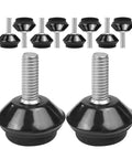 20 Piece Stainless Steel Adjustable Furniture Feet Featuring M6 Threaded Levelers With Thick Non Slip Rubber Bottoms To Crush Wonky Wobbles And Keep Your Hardwood Looking Immaculate - close-up of two adjustable feet with rubber caps.