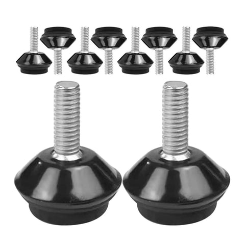 20 Piece Stainless Steel Adjustable Furniture Feet Featuring M6 Threaded Levelers With Thick Non Slip Rubber Bottoms To Crush Wonky Wobbles And Keep Your Hardwood Looking Immaculate - close-up of two adjustable feet with rubber caps.
