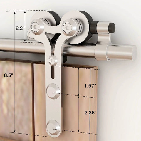 Close-up of Y-Style Track roller on Heavy Duty Sliding Barn Door Hardware Kit 6.6Ft Stainless Steel Rail System, with measurements