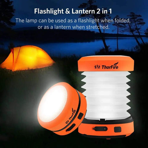 USB Rechargeable Camping Lantern With Hand Crank, Collapsible LED Light in tent setup during night camping