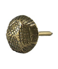 Top Shelf Antique Brass Upholstery Tacks, Hammered Furniture Nails For Couch Repair, 7 16 Inch, close-up of textured brass nail head.