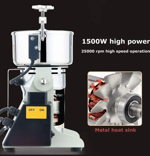 Electric Grain Grinder Mill High Speed Powder Machine with 1500W motor, metal heat sink, and control switches for home use.