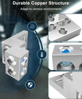Mechanical Stacked Lug Terminal Block For Quick Secure Mounting In Electrical Panels Copper And Aluminum Compatible Supports 500 KCMIL And 600 MCM Wires 600T4 CU9AL Heavy Duty Fast Wiring Convenience, copper block close-up