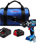Professional 18V Brushless Hammer Drill Driver Kit With 8 Ah Battery Pack And 1330 Inch Pound Torque, features blue drill and battery with bag.