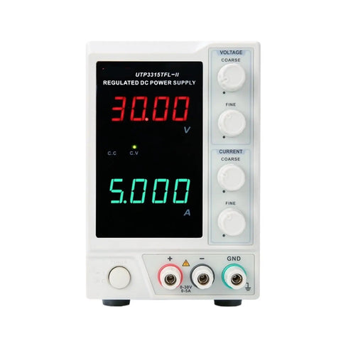 Bench Top Linear DC Power Supply 110V 220V Regulator With UTP3313TFLII And UTP3315TFLII Compatibility Workhorse Output And Precise Point Five Percent Voltage Control With 10mV Resolution For Stable Lab Testing, front view, white bench-top unit