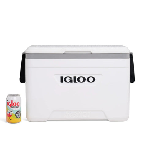 Latitude Marine Ultra White 25 Quart Cooler With Cool Riser Technology ThermoCool Foam Insulation Swing Up Handles And Tie Down Loop And A Compact Boat Ready Design For Camping Fishing And Outdoor Adventures next to a soda can