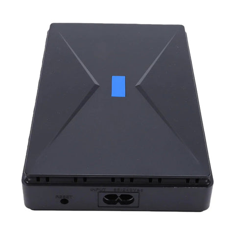 Hassle Free Mini UPS Battery Backup For Router And Modem 8800mAh US Plug top view of black unit with blue indicator light and ports.