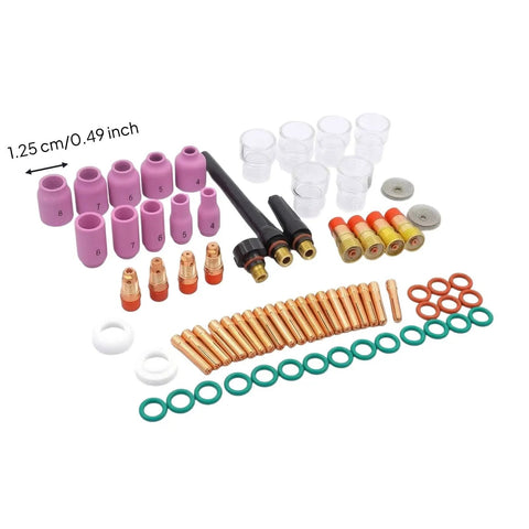 Nishiyuenyi 71 Pc Industrial Tig Consumables Kit With Torch Nozzles Cups Collets Sealing Rings including ceramic cups and collets.