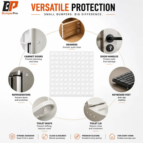 Clear Cabinet Door Bumpers Three Eighths Inch Self Adhesive Rubber Cushions for cabinets, drawers, and furniture, pack of 100