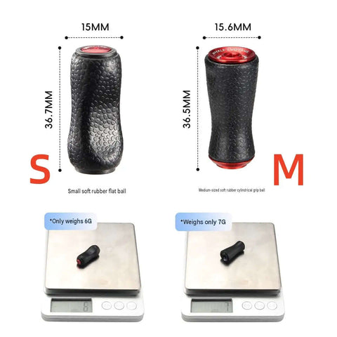 Upgrade Your Fishing Game With These Soft Rubber Handle Knobs For Spinning And Baitcasting Reels Featuring Ultra Light Bearings And Anti Slip Grip For Better Bass And Trout Handling. S and M soft rubber reel knobs with size measurements and weight