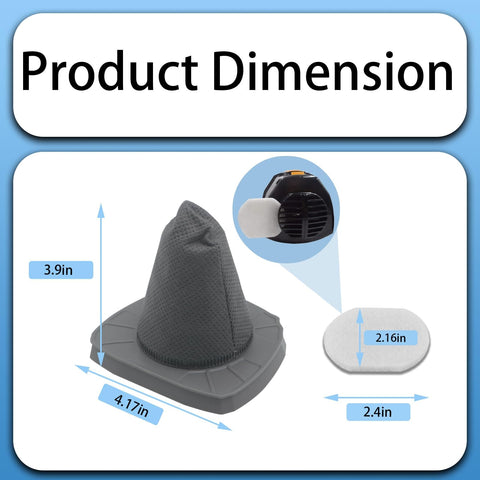 Replacement HEPA Filter And Sponge Filter Set For Eureka NES100 Handheld Vacuum And Black And Decker BDST1601 dimensions shown