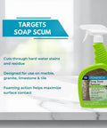 Soap Scum Remover For Natural Stone, Tile And Grout, 24oz Spray Bottle on marble surface with features highlighted.