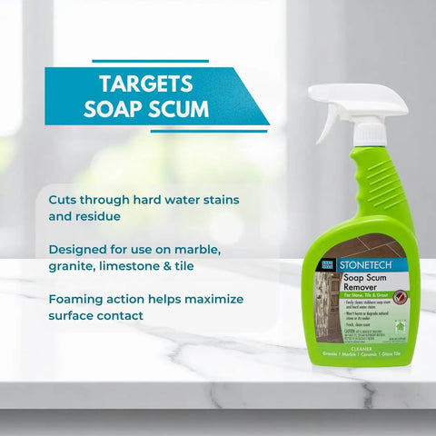 Soap Scum Remover For Natural Stone, Tile And Grout, 24oz Spray Bottle on marble surface with features highlighted.