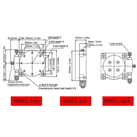 RS60 L Manual Rotary Stage R Axis Platform With 2.36 Inch Table Diameter Aluminum Alloy Precision Sliding Table diagrams front, side, back