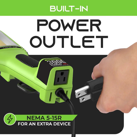 Close-up of built-in power outlet on 20 Foot LED Work Light With COB 1200 Lumen Output 10W Corded Shop Light Magnetic Base Swivel Hook Built In Outlet Heavy Duty 16 Gauge SJTW Cable