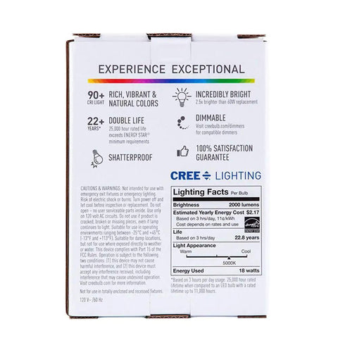 Back view of A21 LED Bulb 125W Equivalent Dimmable 2000 Lumens Daylight Lighting For Bright Colors And Crisp Lit Illumination box