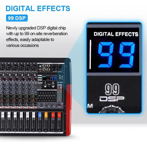 Display of 99 DSP effects on Six-Channel Pro Mixer With Bluetooth Sound Bar And Power Amplifier, 2X 450W Output.