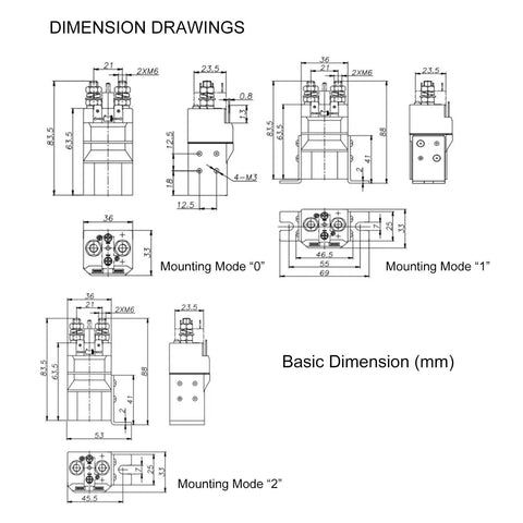 Technical dimension drawings of Heavy Duty DC Contact Switch And High Amp Solenoid Relay for Electric Carts and Evs.
