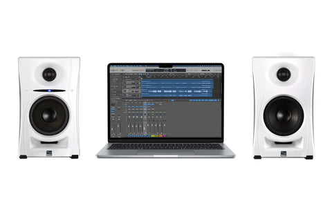 Ultra Nearfield Studio Monitors With Bluetooth And USB C For Music Production, 4 Inch Powered Active Speakers next to laptop