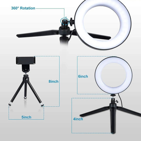 6 Inch Ring Light With Tripod Stand For Desk Use Perfect For YouTube Vids, Makeup Tutorials And Selfies with size dimensions