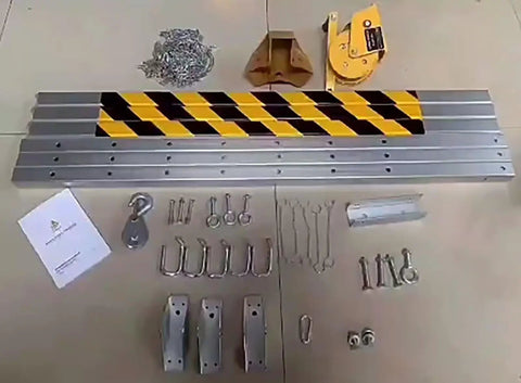 Beefy Aluminum Rescue Tripod For Confined Space Operations With Two Six Zero Lbs Winch and Harness, assembly parts and tools laid out.