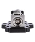 Badass In-Line Anl Fuse Holder With 150 Amp Fuse For 1/0 Or 4 Gauge Car Audio Wiring With Reducer Shims Included High Performance Zinc Core And Smoked Gray Cover close-up of fuse terminal.