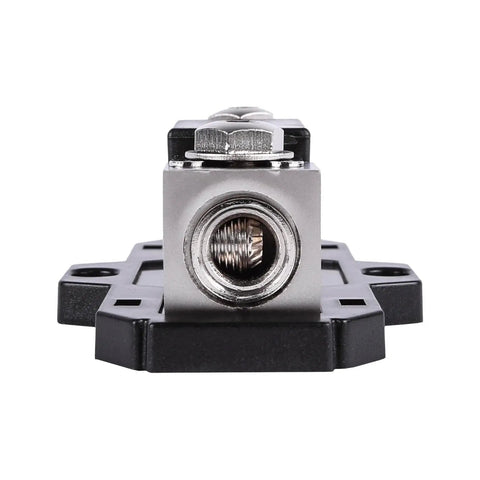 Badass In-Line Anl Fuse Holder With 150 Amp Fuse For 1/0 Or 4 Gauge Car Audio Wiring With Reducer Shims Included High Performance Zinc Core And Smoked Gray Cover close-up of fuse terminal.