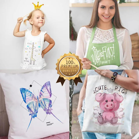 Collage of T-shirts and tote bags with vibrant prints using Laser Printer Heat Transfer Paper For Light Fabrics, 20 Sheets 8.5x11